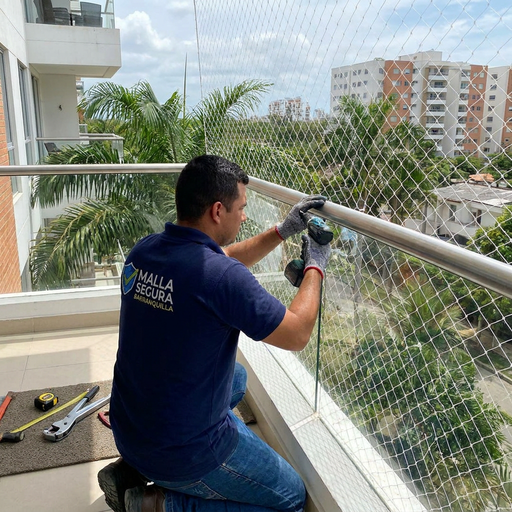 Equipo de instaladores de Mayprotec colocando malla de seguridad en Barranquilla